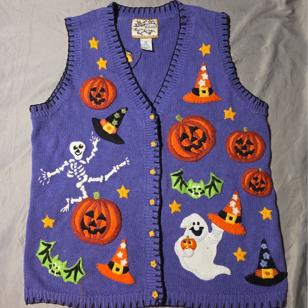 Vtg  Heirloom Collectibles Sweater Vest S Halloween Ramie Cotton Purple